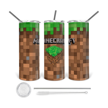 Minecraft dirt, 360 Eco friendly ποτήρι θερμό (tumbler) από ανοξείδωτο ατσάλι 600ml, με μεταλλικό καλαμάκι & βούρτσα καθαρισμού