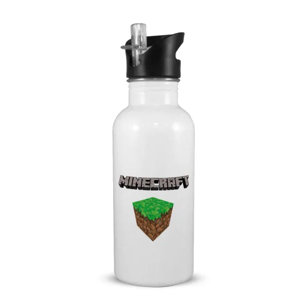 Minecraft dirt — White water bottle with straw, stainless steel 600ml