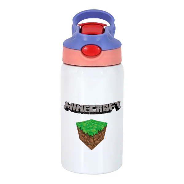 Minecraft dirt — Children's hot water bottle, stainless steel, with safety straw, pink/purple (350ml)