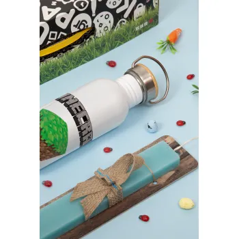 Minecraft dirt, Easter Set, metallic silver aluminum water bottle (500ml) & scented flat Easter candle (30cm) (TURQUOISE)