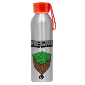 Minecraft dirt, Αλουμινένιο Αθλητικό Μπουκάλι 650ml – Ασημί με Κόκκινο Καπάκι και Λουράκι Σιλικόνης