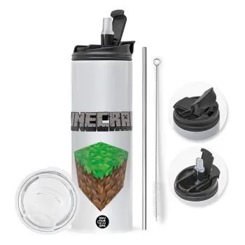 Minecraft dirt, Travel Tumbler θερμό με διπλό καπάκι, μεταλλικό καλαμάκι και βούρτσα καθαρισμού (Ανωξείδωτο 304 Food grade, BPA free, 600ml)