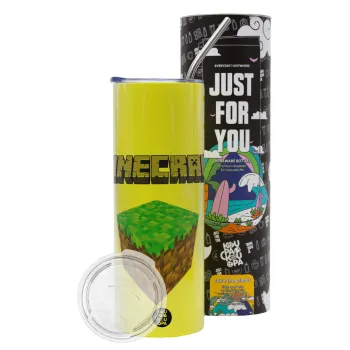 Minecraft dirt, Neon Yellow Travel Tumbler θερμό, μεταλλικό καλαμάκι(Ανωξείδωτο 304 Food grade, BPA free, 600ml)