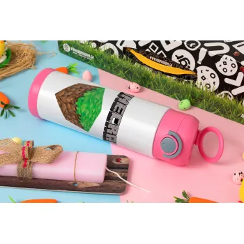 Minecraft dirt, Easter candle, Childrens hot water bottle, stainless steel, with safety straw, PINK (500ml)