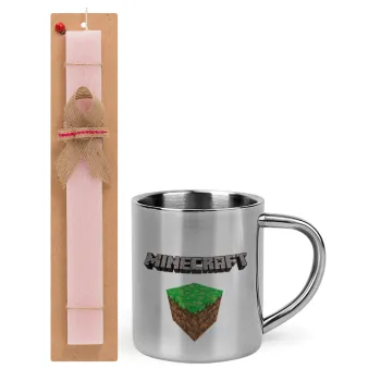 Minecraft dirt, Easter Set, metallic thermal cup (300ml) & aromatic flat Easter candle (30cm) (PINK)