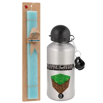 Minecraft dirt, Easter Set, metallic silver aluminum water bottle (500ml) & scented flat Easter candle (30cm) (TURQUOISE)