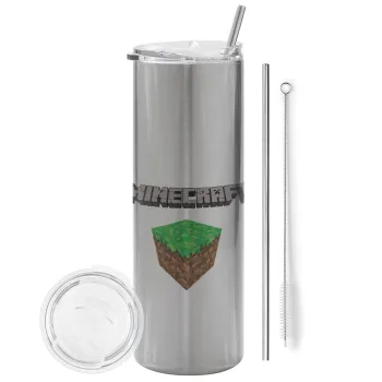Minecraft dirt, Tumbler ποτήρι θερμό Ασημένιο από ανοξείδωτο ατσάλι 600ml, με μεταλλικό καλαμάκι & βούρτσα καθαρισμού