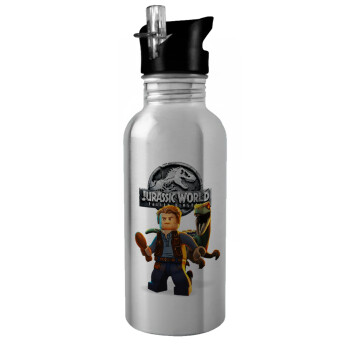 Jurassic world, Water bottle Silver with straw, stainless steel 600ml