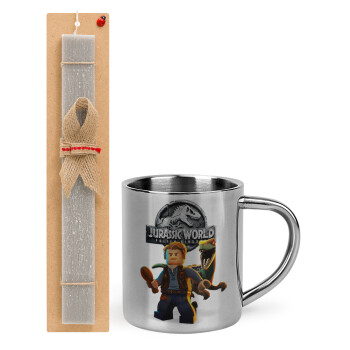 Jurassic world, Easter Set, metallic thermal cup (300ml) & Easter aromatic flat candle (30cm) (GRAY)
