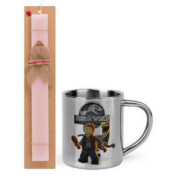 Jurassic world, Easter Set, metallic thermal cup (300ml) & aromatic flat Easter candle (30cm) (PINK)