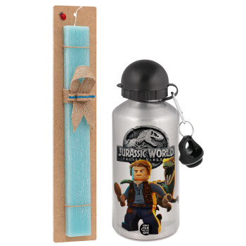 Jurassic world, Easter Set, metallic silver aluminum water bottle (500ml) & scented flat Easter candle (30cm) (TURQUOISE)