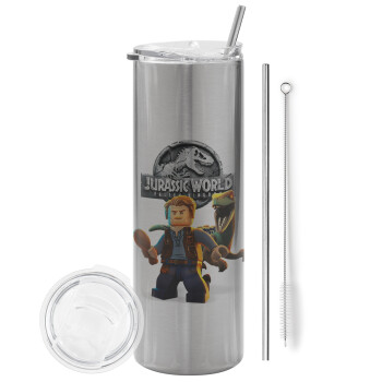 Jurassic world, Eco friendly stainless steel Silver tumbler 600ml, with metal straw & cleaning brush