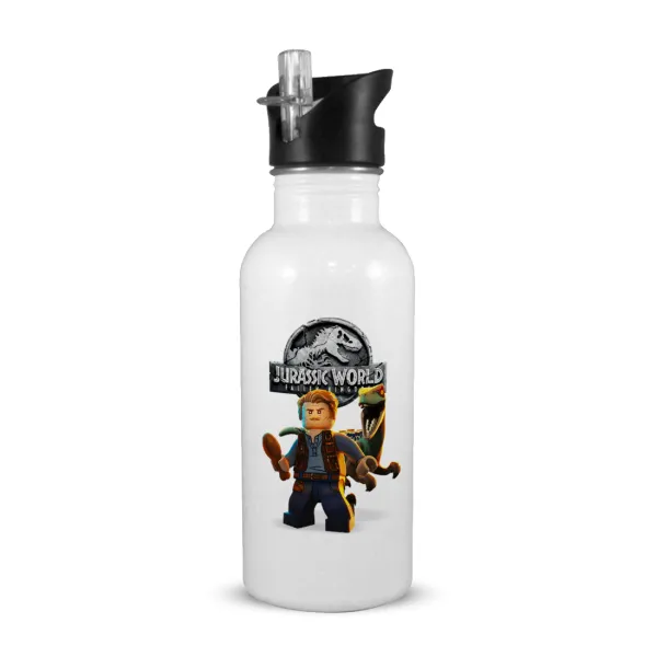Jurassic world — White water bottle with straw, stainless steel 600ml
