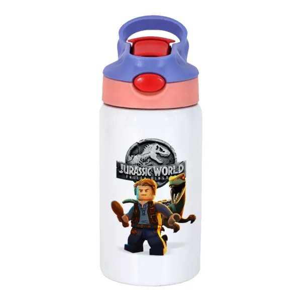 Jurassic world — Children's hot water bottle, stainless steel, with safety straw, pink/purple (350ml)