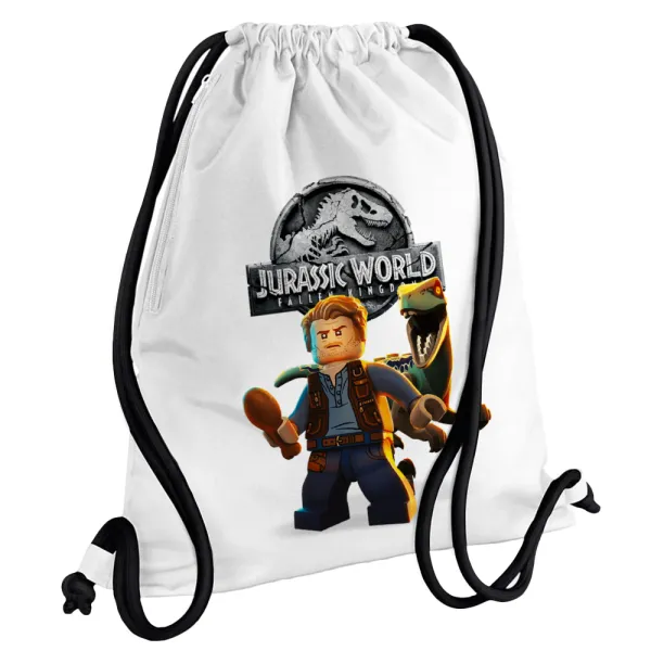 Jurassic world — Τσάντα πλάτης πουγκί GYMBAG λευκή, με τσέπη (40x48cm) & χονδρά κορδόνια