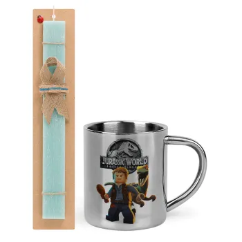 Jurassic world, Πασχαλινή Λαμπάδα με μεταλλική κούπα θερμό (300ml) & κερί αρωματικό πλακέ (30cm) (ΤΙΡΚΟΥΑΖ)