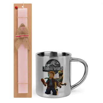 Jurassic world, Easter Set, metallic thermal cup (300ml) & aromatic flat Easter candle (30cm) (PINK)