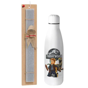 Jurassic world, Easter Set, metallic stainless thermos bottle (500ml) & scented flat Easter candle (30cm) (GRAY)