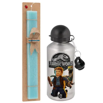 Jurassic world, Easter Set, metallic silver aluminum water bottle (500ml) & scented flat Easter candle (30cm) (TURQUOISE)