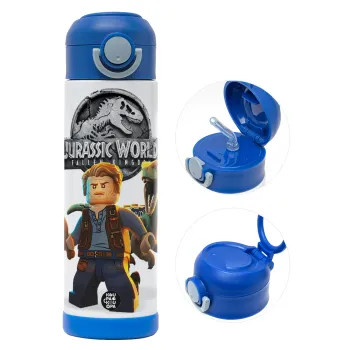 Jurassic world, Παιδικό παγούρι θερμό, ανοξείδωτο, με καλαμάκι ασφαλείας, ΜΠΛΕ (500ml)