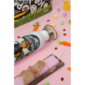 Jurassic world, Easter Set, SS Metallic water bottle (620ml, stainless steel) & scented flat Easter candle (30cm) (PINK)