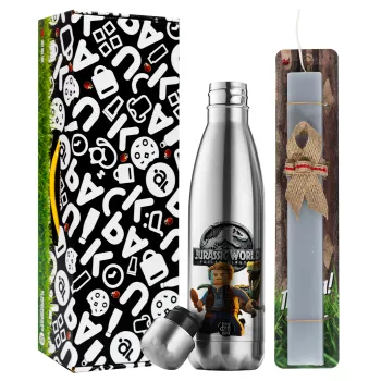 Jurassic world, Easter Set, metallic stainless thermos flask (500ml) & scented flat Easter candle (30cm) (GRAY)