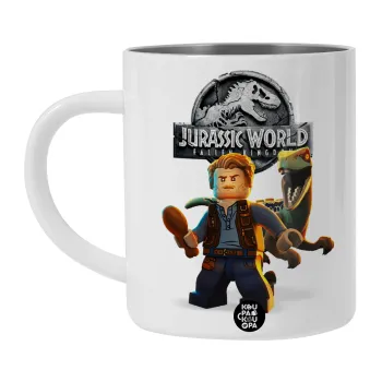 Jurassic world, Λευκή Ανοξείδωτη Μεταλλική Κούπα 450ml - Διπλού Τοιχώματος 