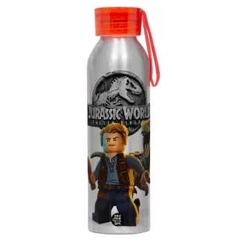 Jurassic world, Αλουμινένιο Αθλητικό Μπουκάλι 650ml – Ασημί με Κόκκινο Καπάκι και Λουράκι Σιλικόνης