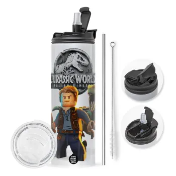 Jurassic world, Travel Tumbler θερμό με διπλό καπάκι, μεταλλικό καλαμάκι και βούρτσα καθαρισμού (Ανωξείδωτο 304 Food grade, BPA free, 600ml)