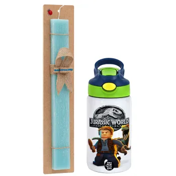 Jurassic world, Easter Set, Children's thermal stainless steel bottle with safety straw, green/blue (350ml) & aromatic flat Easter candle (30cm) (TURQUOISE)