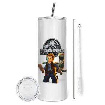 Jurassic world, Tumbler ποτήρι θερμό από ανοξείδωτο ατσάλι 600ml, με μεταλλικό καλαμάκι & βούρτσα καθαρισμού
