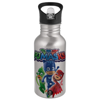 PJ masks, Water bottle Silver with straw, stainless steel 500ml