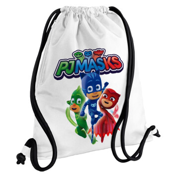 PJ masks, Backpack pouch GYMBAG white, with pocket (40x48cm) & thick cords