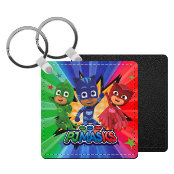 PJ masks, Μπρελόκ Δερματίνη, τετράγωνο ΜΑΥΡΟ (5x5cm)