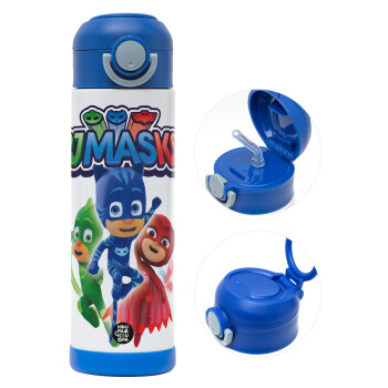 PJ masks, Παιδικό παγούρι θερμό, ανοξείδωτο, με καλαμάκι ασφαλείας, ΜΠΛΕ (500ml)