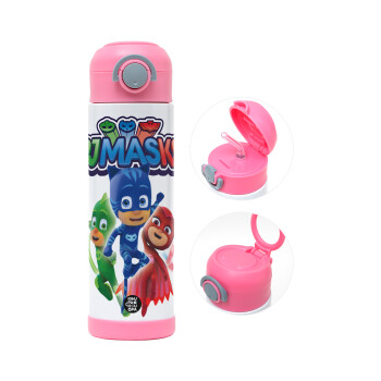 PJ masks, Παιδικό παγούρι θερμό, ανοξείδωτο, με καλαμάκι ασφαλείας, ΡΟΖ (500ml)