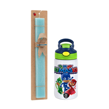 PJ masks, Easter Set, Children's thermal stainless steel bottle with safety straw, green/blue (350ml) & aromatic flat Easter candle (30cm) (TURQUOISE)