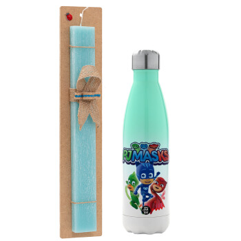 PJ masks, Πασχαλινή Λαμπάδα με Μεταλλικό παγούρι θερμός Πράσινο/Λευκό (Stainless steel), διπλού τοιχώματος, 500ml & κερί αρωματικό πλακέ (30cm) (ΤΙΡΚΟΥΑΖ)