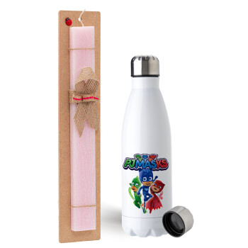 PJ masks, Easter Set, metallic stainless steel water bottle (750ml) & scented flat Easter candle (30cm) (PINK)