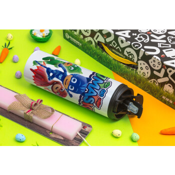PJ masks, Easter candle,Travel Tumbler 2 Lids, with metal straw & cleaning brush & aromatic flat candle (30cm) (PINK)