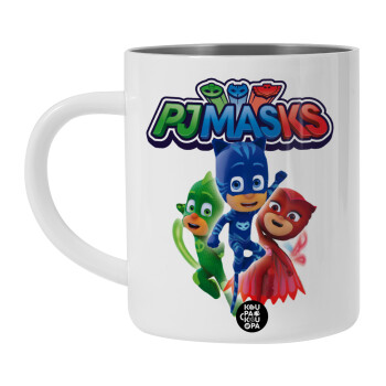 PJ masks, Λευκή Ανοξείδωτη Μεταλλική Κούπα 450ml - Διπλού Τοιχώματος 