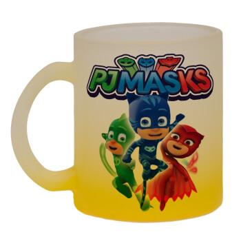 PJ masks, Κούπα γυάλινη δίχρωμη με βάση το κίτρινο ματ, 330ml