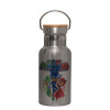 Stainless steel metallic thermos flask, silver with a bamboo lid, double-walled, 350ml.