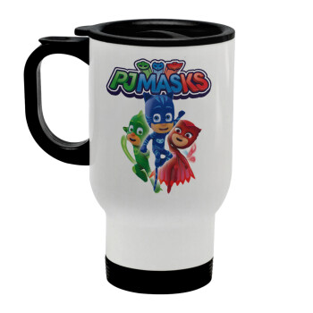 PJ masks, Κούπα ταξιδιού ανοξείδωτη με καπάκι, διπλού τοιχώματος (θερμό) λευκή 450ml