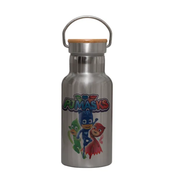 PJ masks — Stainless steel metallic thermos flask, silver with a bamboo lid, double-walled, 350ml.