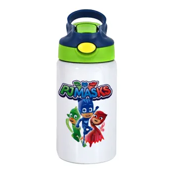 PJ masks, Children's hot water bottle, stainless steel, with safety straw, green, blue (350ml)