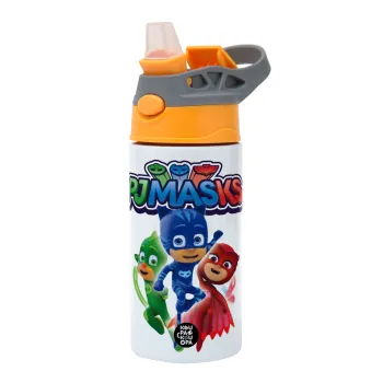 PJ masks, Παιδικό παγούρι θερμό, ανοξείδωτο, με καλαμάκι ασφαλείας, Πορτοκαλί/Γκρι (360ml) BPA-FREE