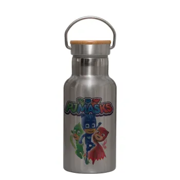 PJ masks, Stainless steel metallic thermos flask, silver with a bamboo lid, double-walled, 350ml.