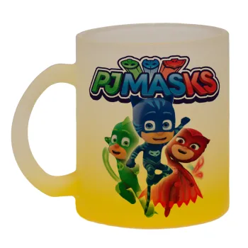 PJ masks, Κούπα γυάλινη δίχρωμη με βάση το κίτρινο ματ, 330ml
