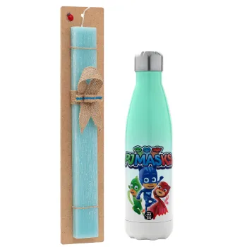 PJ masks, Easter Set, Metallic green/white thermos (Stainless steel), double-walled, 500ml & scented flat Easter candle (30cm) (TURQUOISE)